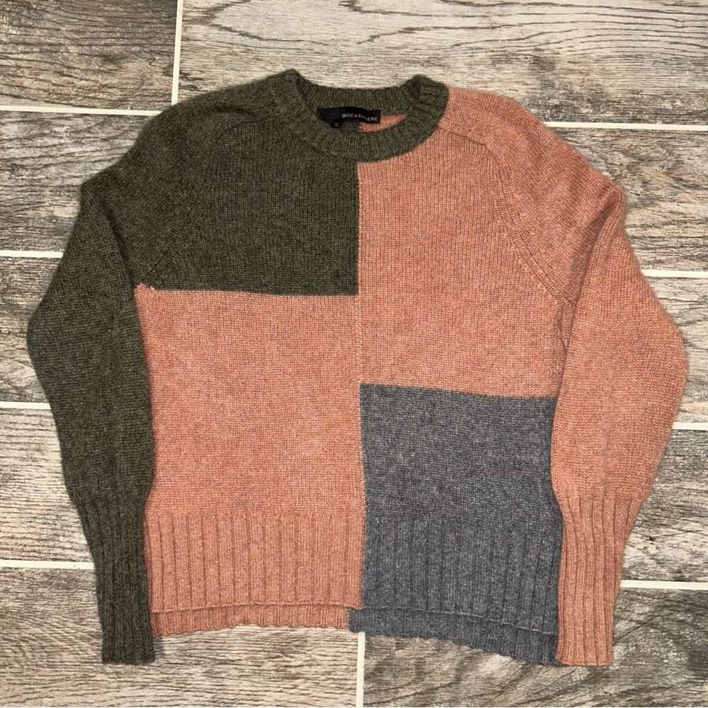 360Cashmere Sweater Women’s Small Gray Pink Brown Color Block Crewneck Pullover